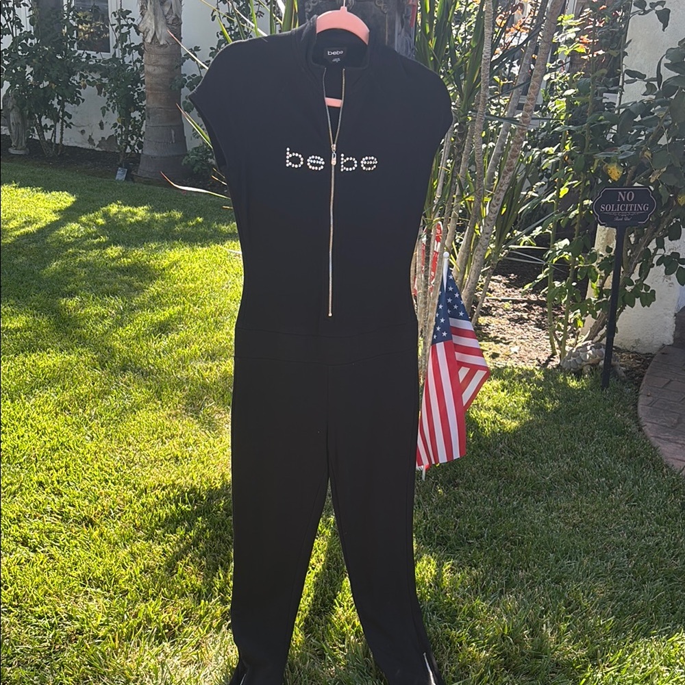 Bebe Black Jumpsuit with Rhinestone Logo